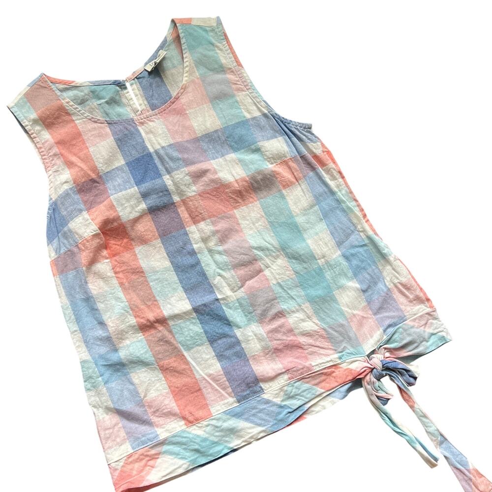 JCrew Womens 2 Checkered Linen Blend Tie Front Sleeveless Tank Coral Blue Preppy